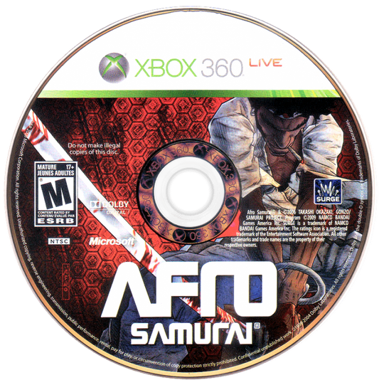 Xbox 360 game disc for 'Aero Samurai' with Xbox 360 branding and Mature rating.