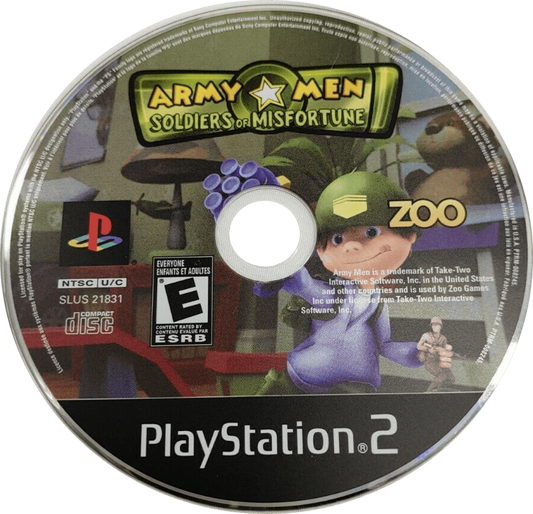 Army Men Soldiers of Misfortune PS2 game for PlayStation 2 featuring toy soldier action adventure gameplay disc