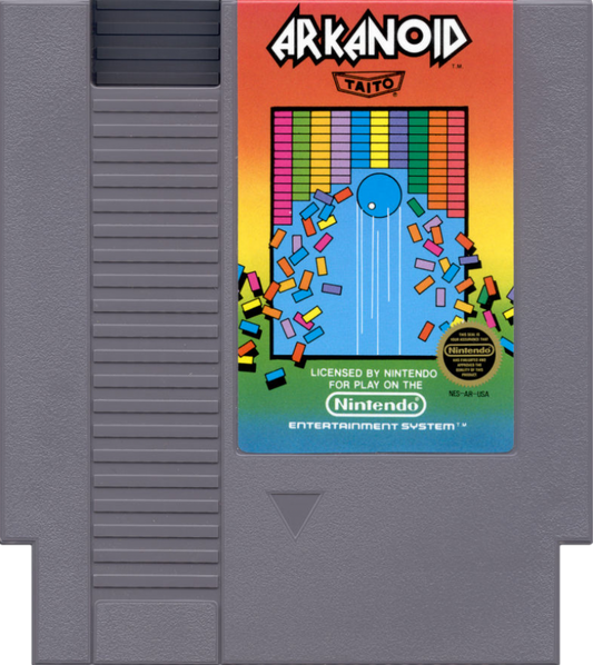 Arkanoid cartridge for the Nintendo Entertainment System featuring 8 bit block breaking arcade action with paddle gameplay power ups and challenging levels cartridge