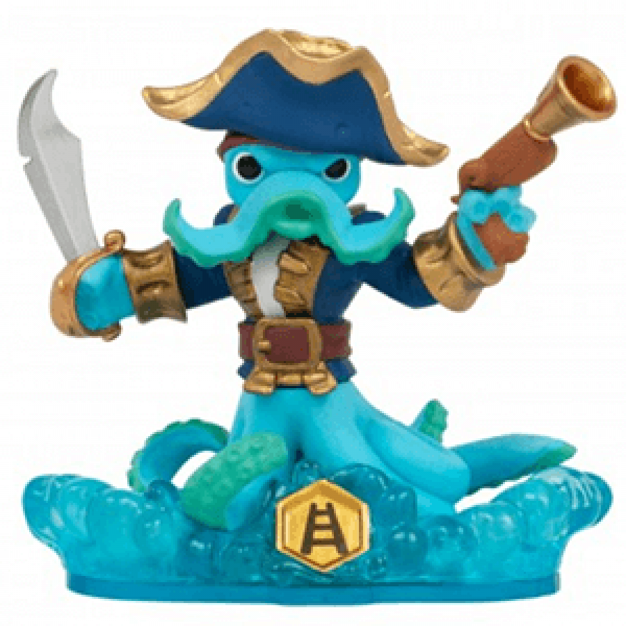 Wash Buckler Skylanders Swap Force figure, water element pirate octopus with sword, tentacle legs and eyepatch, posed in swashbuckling battle stance, detailed collectible toy on portal base from Skylanders Swap Force series