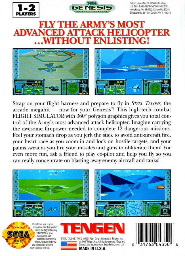 Steel Talons back cover art for Sega Genesis (GEN) video game