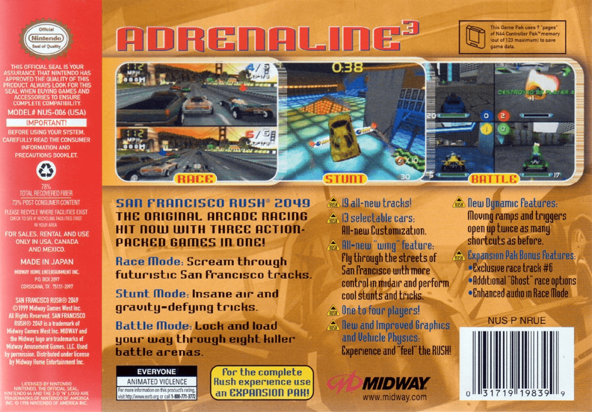 San Francisco Rush 2049 back cover art for Nintendo 64 (N64) video game