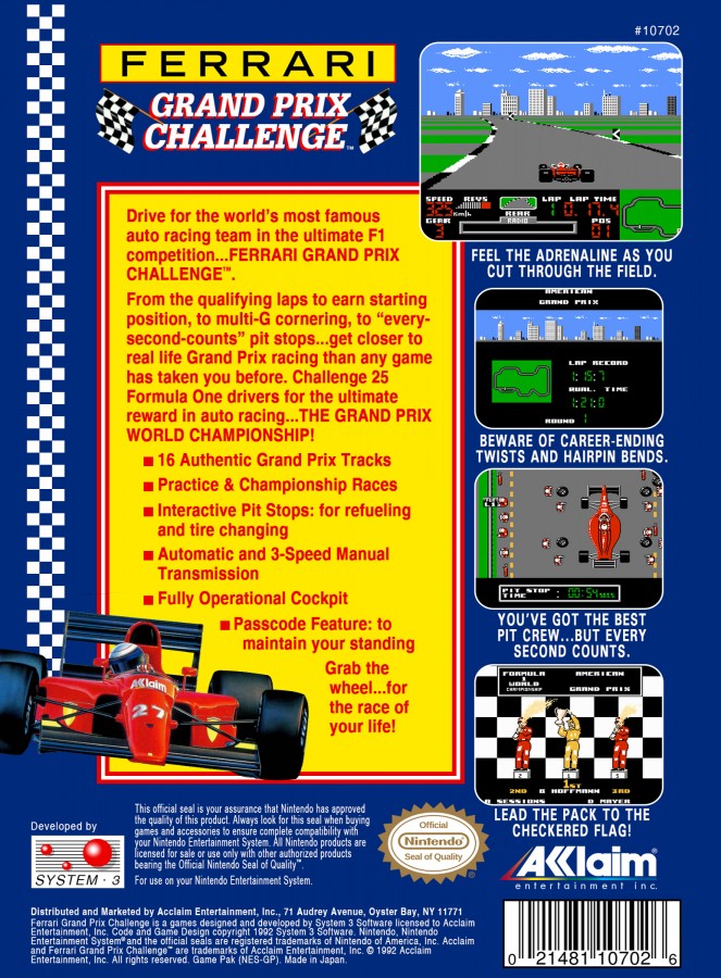 Ferrari Grand Prix Challenge retro NES video game Ferrari Grand Prix Challenge Formula 1 racing simulation high speed competition arcade gameplay classic racing console title Nintendo Entertainment System release back of case