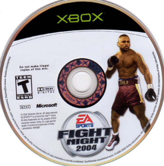 Xbox game disc for 'Fight Night 2004' featuring a boxer on the disc cover.
