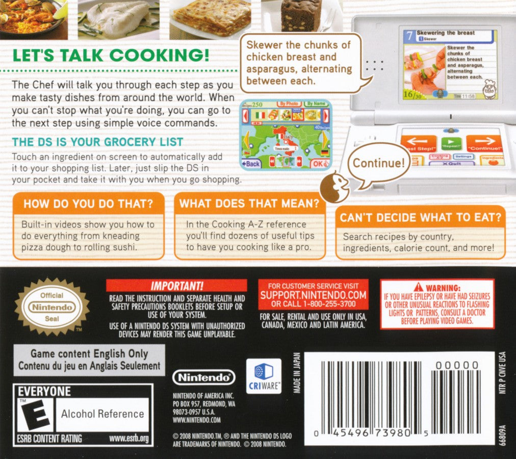 Personal Trainer: Cooking back of case for Nintendo DS (DS) cooking simulation educational video game