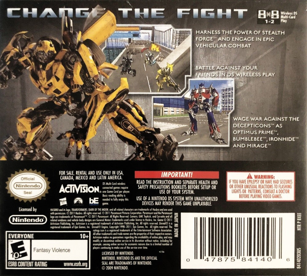 Transformers Dark of the Moon Autobots Nintendo DS DS video game featuring action adventure gameplay Autobots characters Optimus Prime Bumblebee robot combat vehicle transformation missions Decepticon battles weapon upgrades sci fi environments stealth operations and movie inspired Transformers storyline classic Nintendo DS handheld gaming retro video game collection collectible gaming appeal back cover art