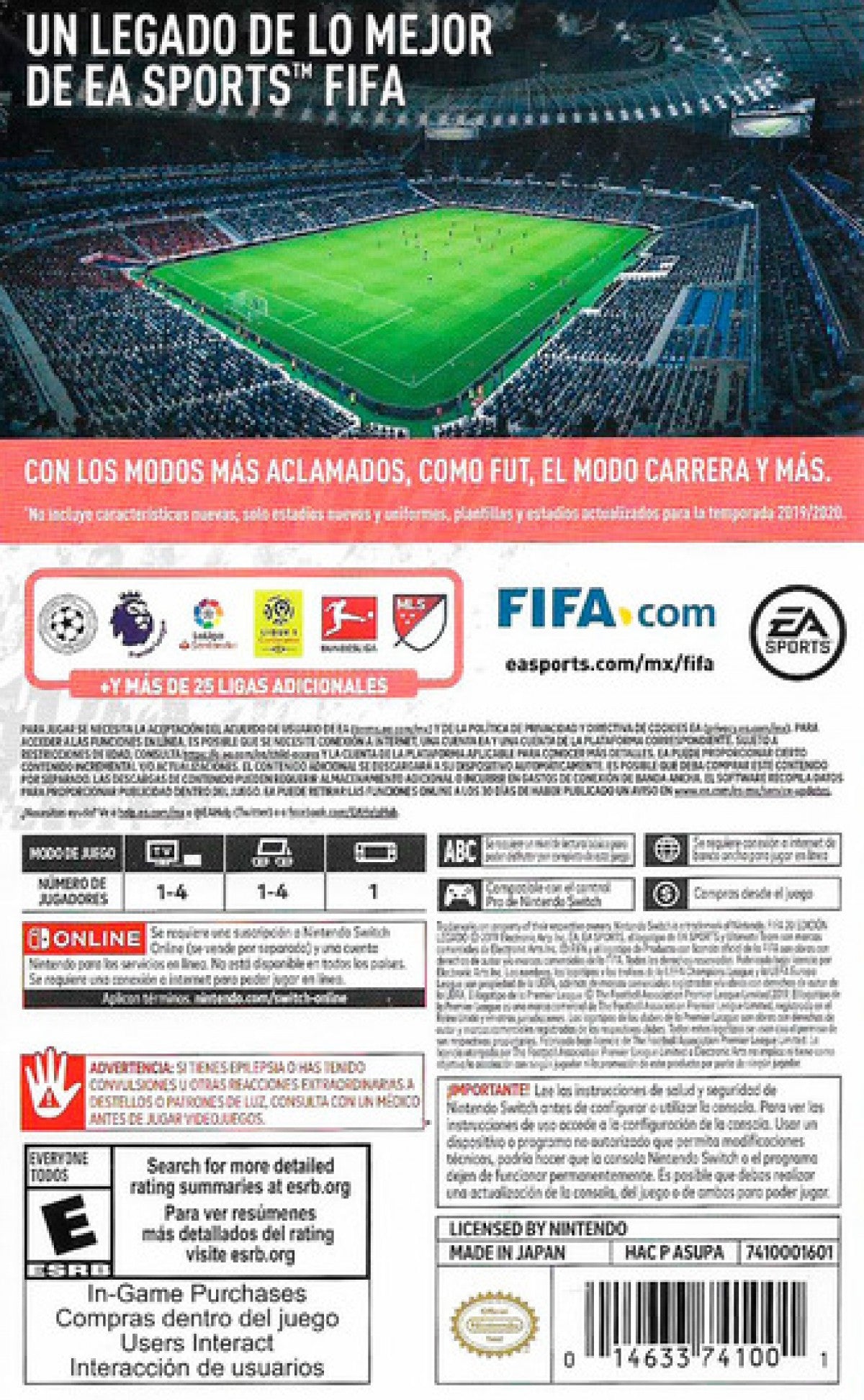 FIFA 20 Nintendo Switch NS for soccer sports video game fans featuring realistic football matches licensed teams and players career mode tournaments skill moves passing shooting goalkeeping and competitive multiplayer gameplay portable Nintendo Switch action collectible gaming appeal back cover art