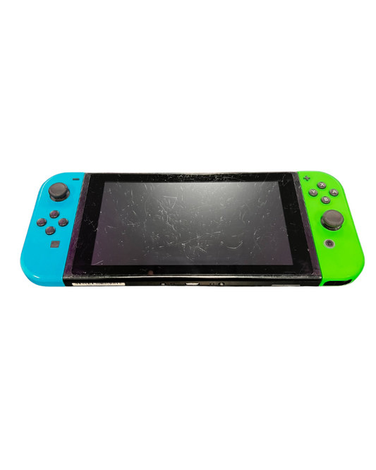 Front view of a Nintendo Switch console with a neon blue left Joy-Con and neon green right Joy-Con, showing visible cosmetic wear and tear on the casing and controllers.