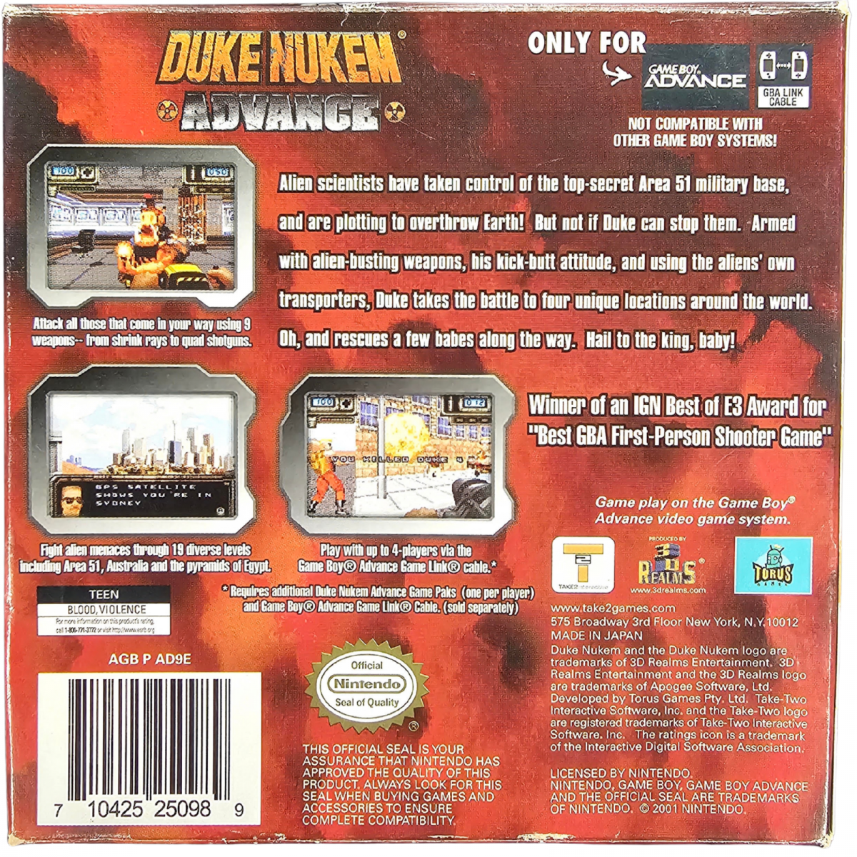 Duke Nukem Advance Game Boy Advance GBA video game Complete In Box CIB featuring first person shooter gameplay action packed combat weapon upgrades enemy battles alien encounters mission based levels Duke Nukem character and classic handheld action retro video game collection collectible gaming appeal back cover art