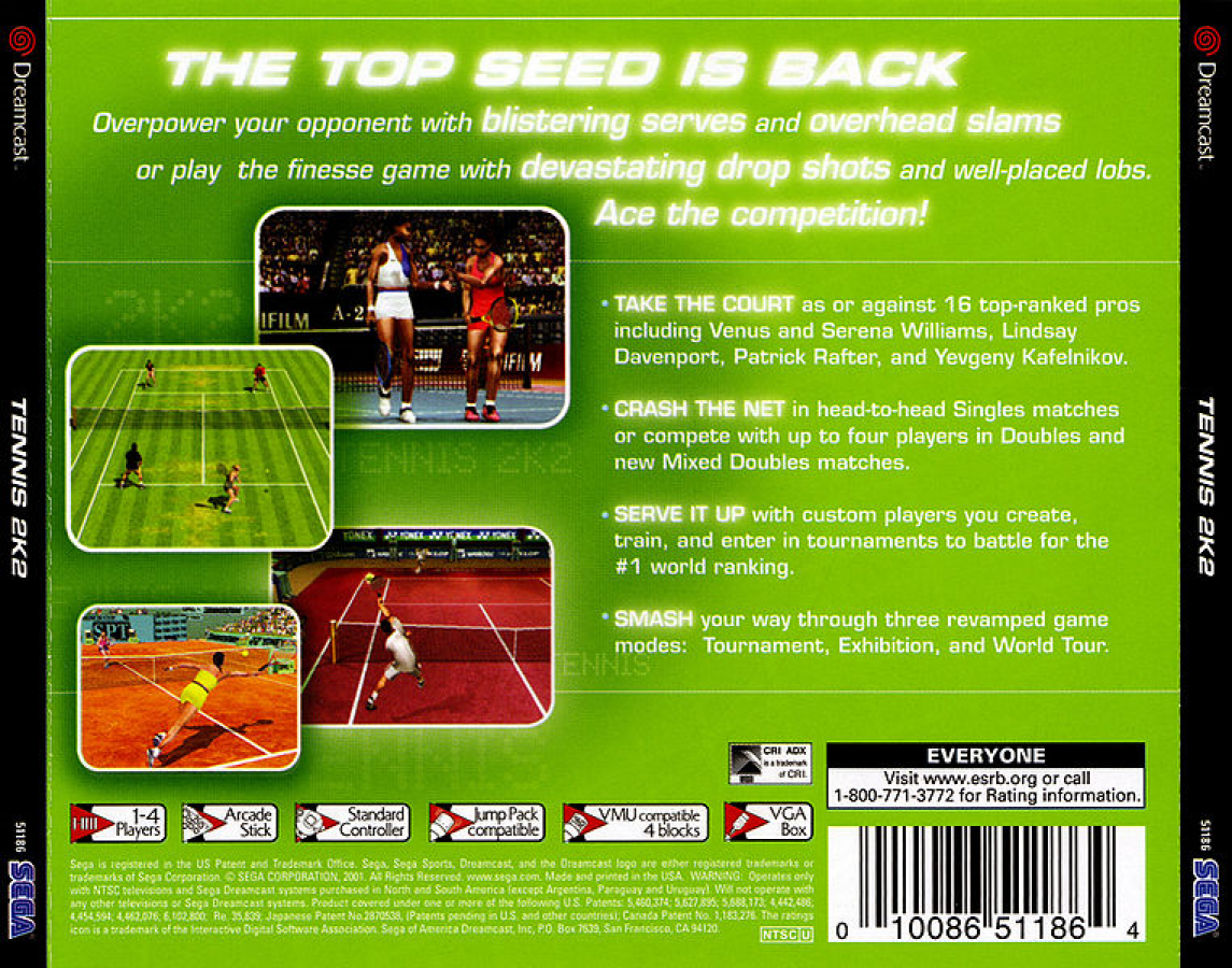 Tennis 2K2 back cover art for Sega Dreamcast (DC) video game