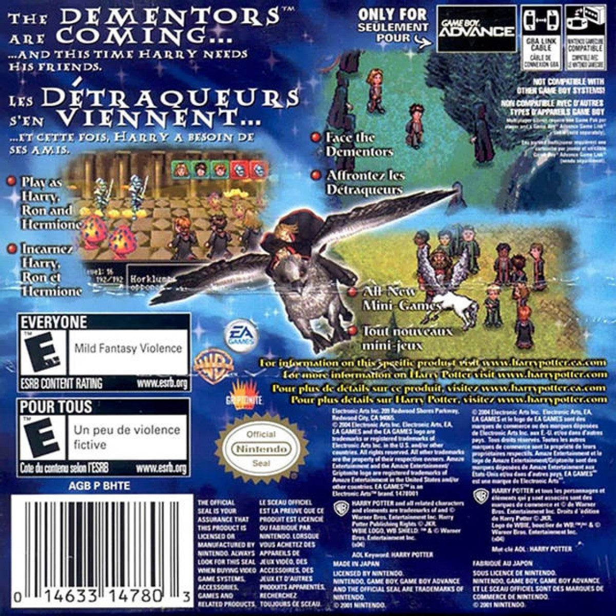 Harry Potter and the Prisoner of Azkaban for Game Boy Advance, back of case for a role-playing video game with turn-based combat, spell casting, exploration, and wizarding world adventure