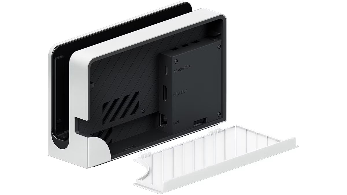 Official Nintendo Switch OLED Model dock accessory in White color TV connection HDMI USB ports charging dock standalone replacement original Nintendo accessory open ports