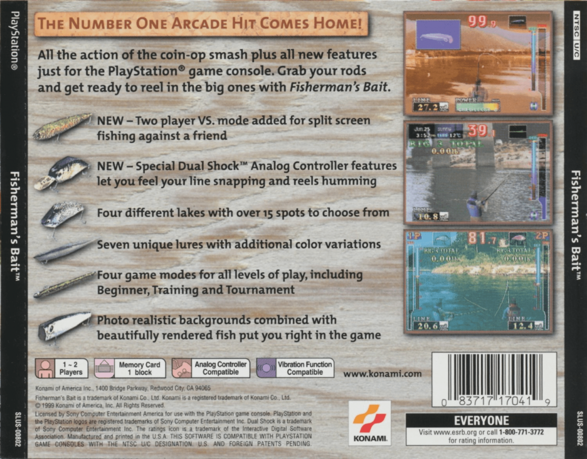 Fisherman's Bait back of case for PlayStation 1 (PS1) retro fishing video game