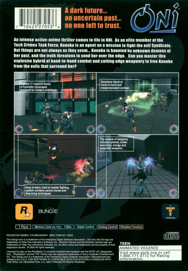 Oni for PlayStation 2 third person action game featuring futuristic cyberpunk setting martial arts combat shooting missions anime inspired story gameplay back cover