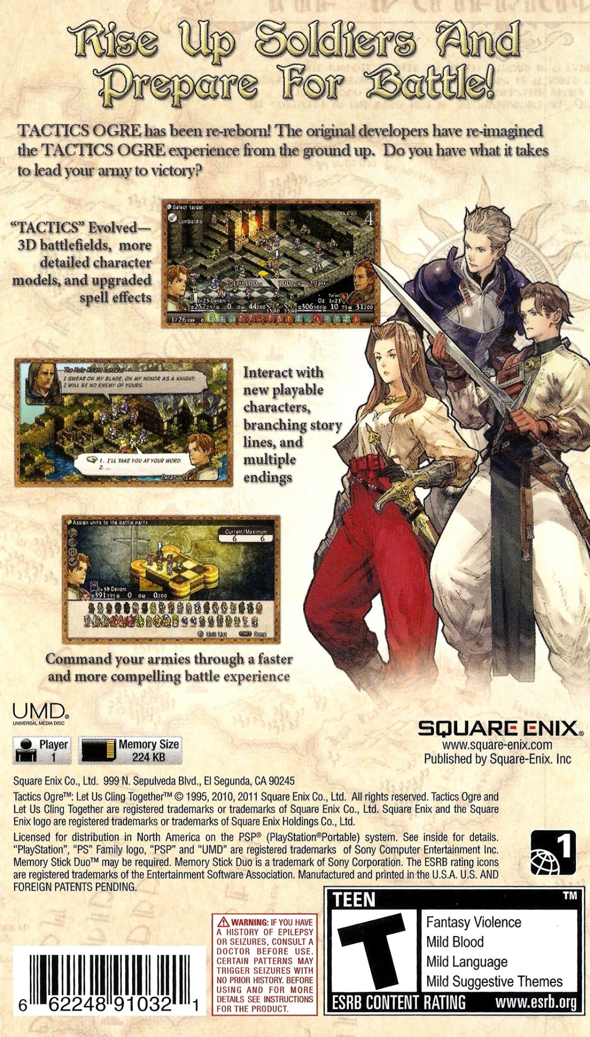 Tactics Ogre Let Us Cling Together back cover art for PlayStation Portable (PSP) video game.