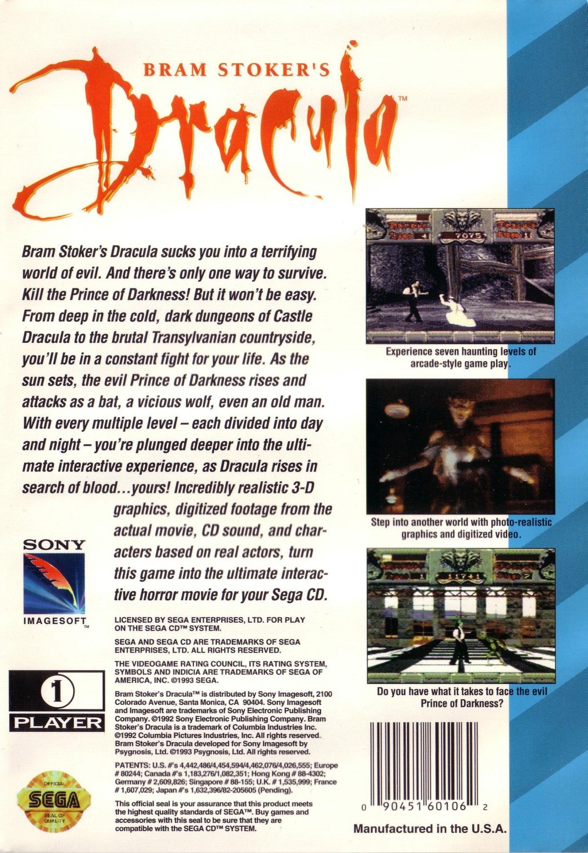 Bram Stokers Dracula Sega CD action platformer movie tie in based on film gothic horror vampire combat side scrolling gameplay castle exploration enemies boss battles cinematic FMV cutscenes retro gaming Sega CD software video game title back cover art
