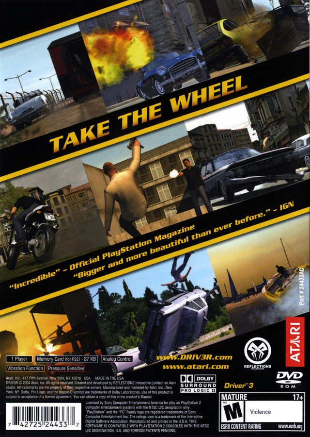 Driver 3 back of case for PlayStation 2 (PS2) open-world driving and third-person action video game