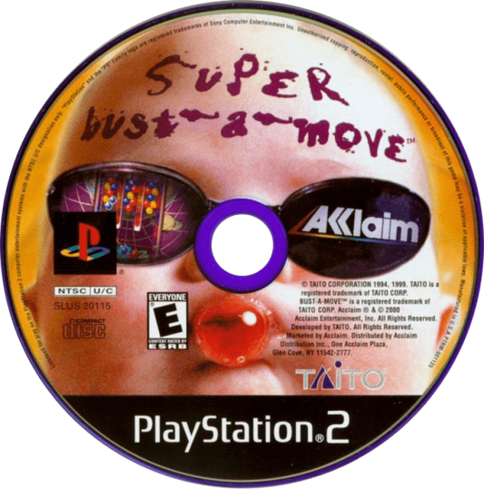 Super Bust-A-Move PlayStation 2 PS2 for retro video game enthusiasts featuring classic bubble puzzle gameplay colorful matching mechanics fast paced arcade style challenges single player and multiplayer modes charming character designs and collectible gaming appeal disc