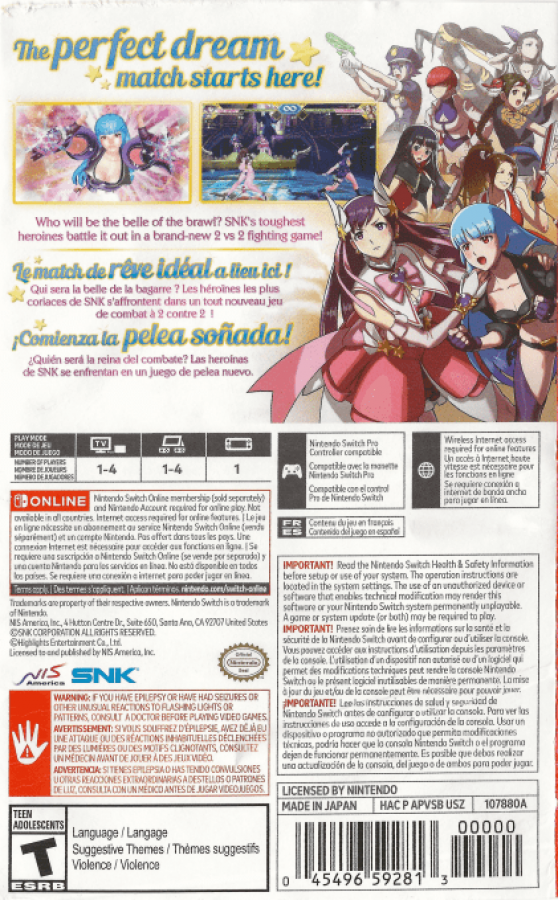 SNK Heroines: Tag Team Frenzy back cover art for the Nintendo Switch (NS) video game