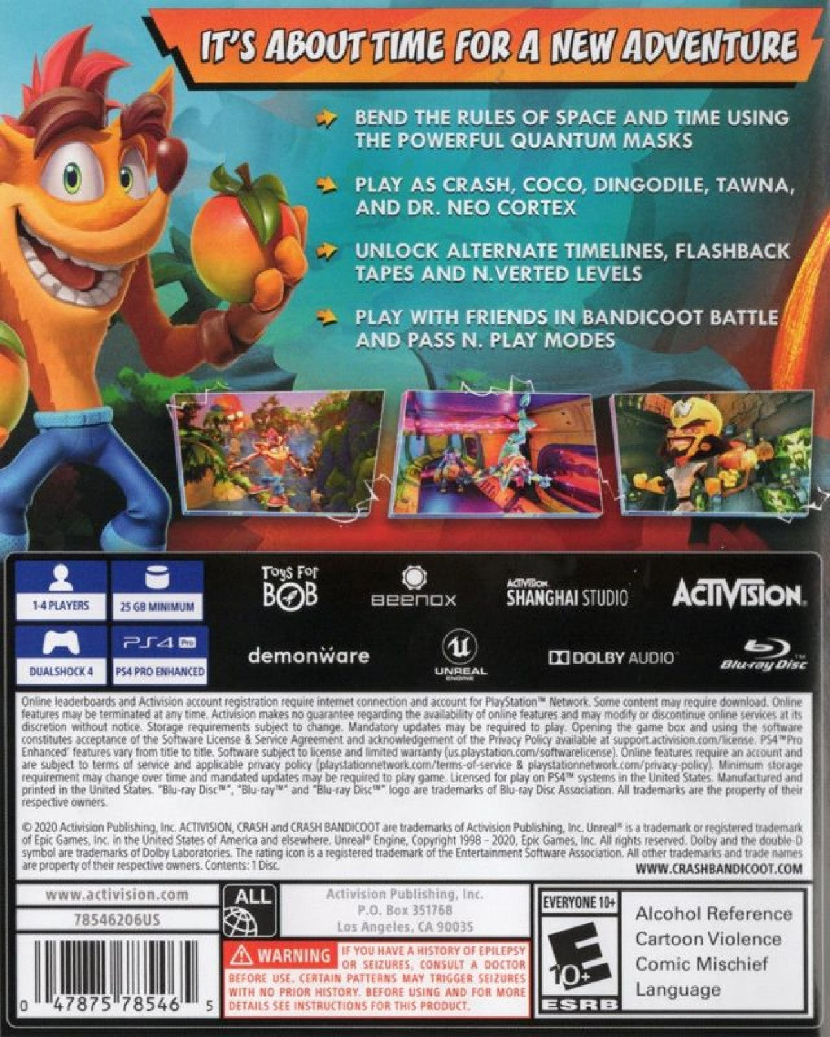 Crash Bandicoot 4: It's About Time – PlayStation 4 (PS4) video game back of case, platformer by Toys for Bob