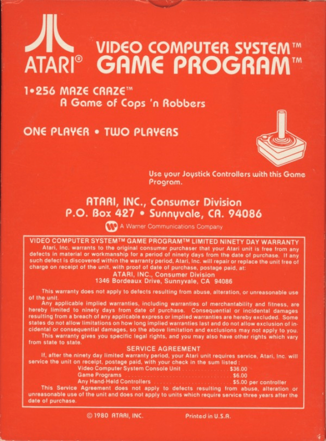 Maze Craze back cover art for Atari 2600 (2600) video game