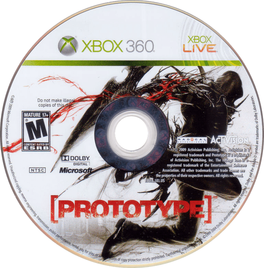 Prototype Xbox 360 open-world action-adventure game with shapeshifting abilities consuming enemies and parkour traversal in a military conspiracy disc
