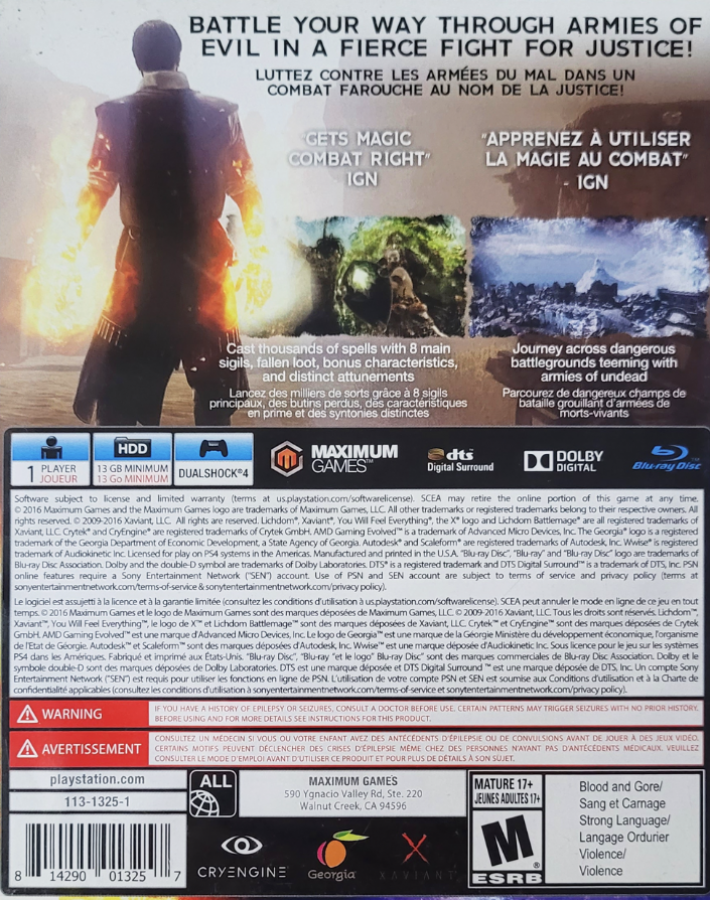 Lichdom: Battlemage – PlayStation 4 (PS4) video game back of case, first-person action RPG.