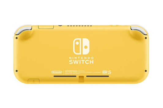 Back view of the yellow Nintendo Switch Lite console with bright yellow casing and Nintendo Switch logo centered on the rear shell.