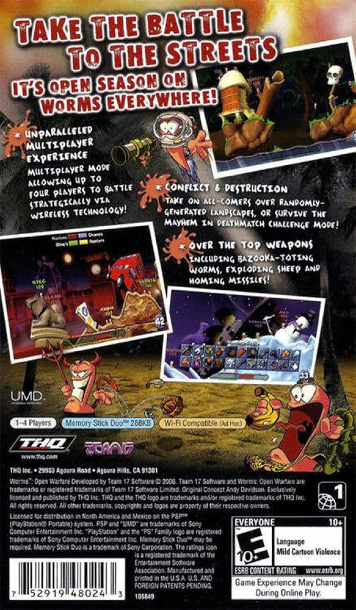 Worms Open Warrfare back cover art for Playstation Portable (PSP) video game.