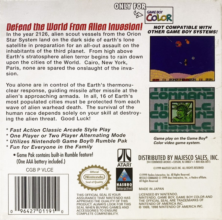 Missile Command Game Boy Color GBC video game featuring arcade defense gameplay missile interception enemy attacks strategic targeting city defense high score challenges classic Atari action and handheld gaming retro video game collection collectible gaming appeal back cover art