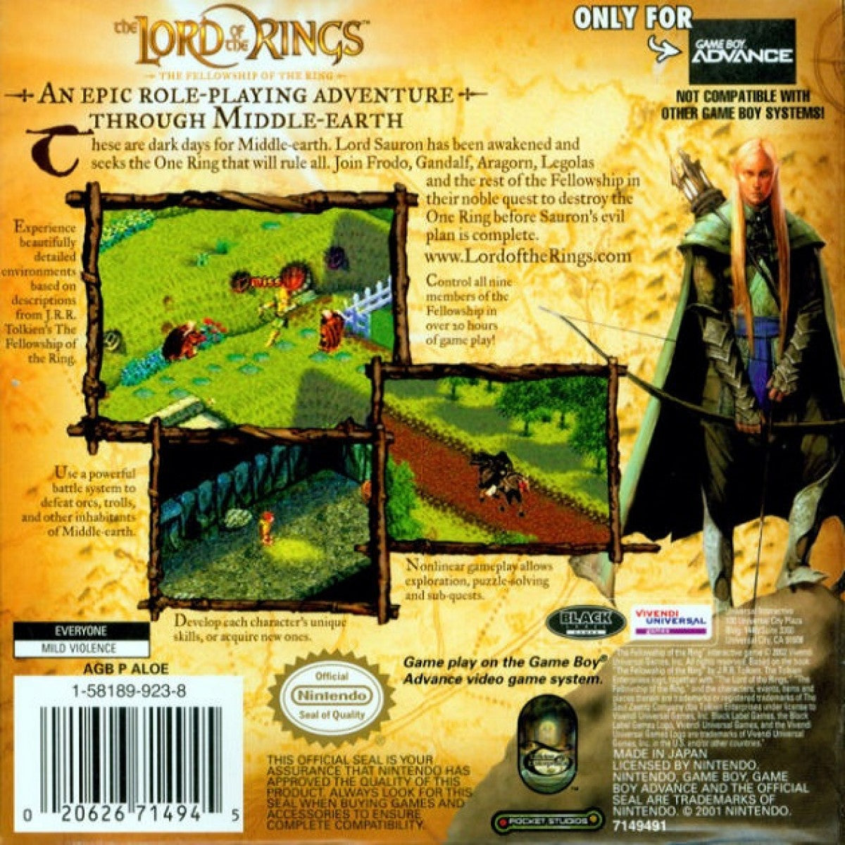 The Lord of the Rings: The Fellowship of the Ring Nintendo Game Boy Advance GBA for action role playing retro video game fans featuring Middle-earth exploration epic fantasy adventure sword combat iconic characters quest driven gameplay magical abilities classic handheld gaming collectible gaming appeal back of case