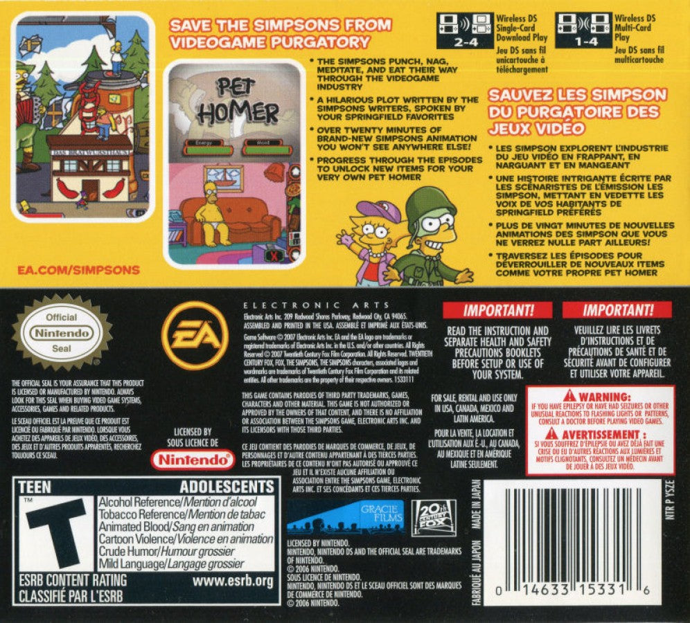 The Simpsons Game Nintendo DS action-platformer parody video game tropes Homer Marge Bart Lisa Maggie four playable characters touch screen minigames original voice actors back cover art