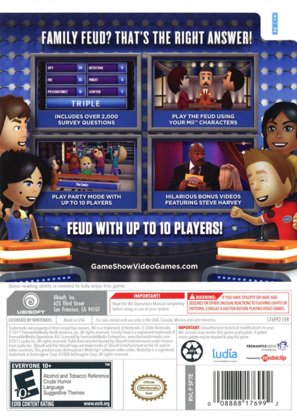 Family Feud 2012 back cover art for Nintendo Wii (Wii) video game