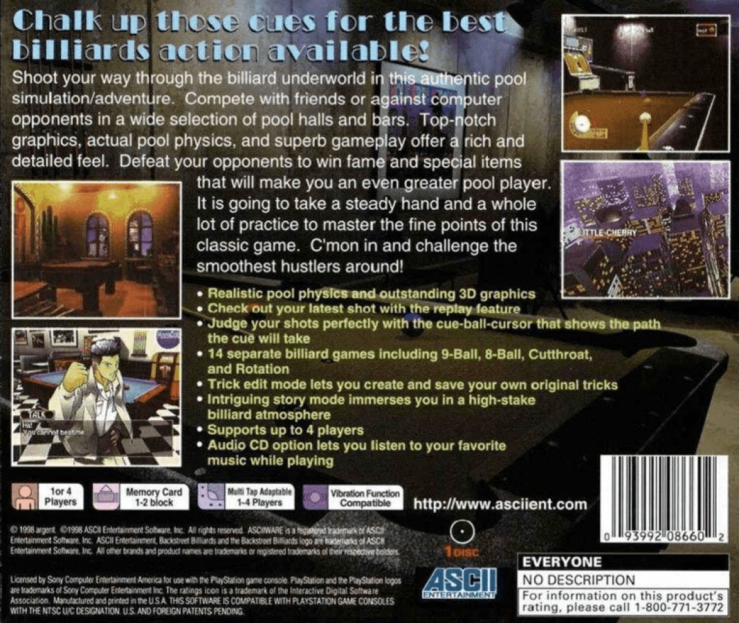 Billiards back of case for PlayStation 1 (PS1) retro video game