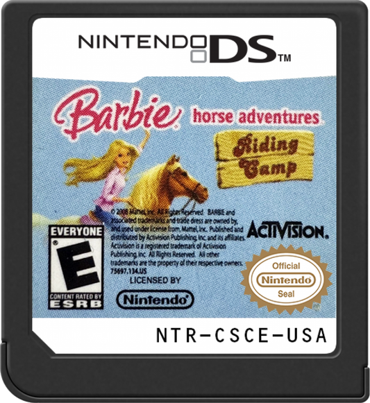 Barbie Horse Adventures Riding Camp for Nintendo DS (DS), cartridge for a retro video game featuring horse riding simulation gameplay, stable management, training challenges, exploration, and family-friendly equestrian adventures