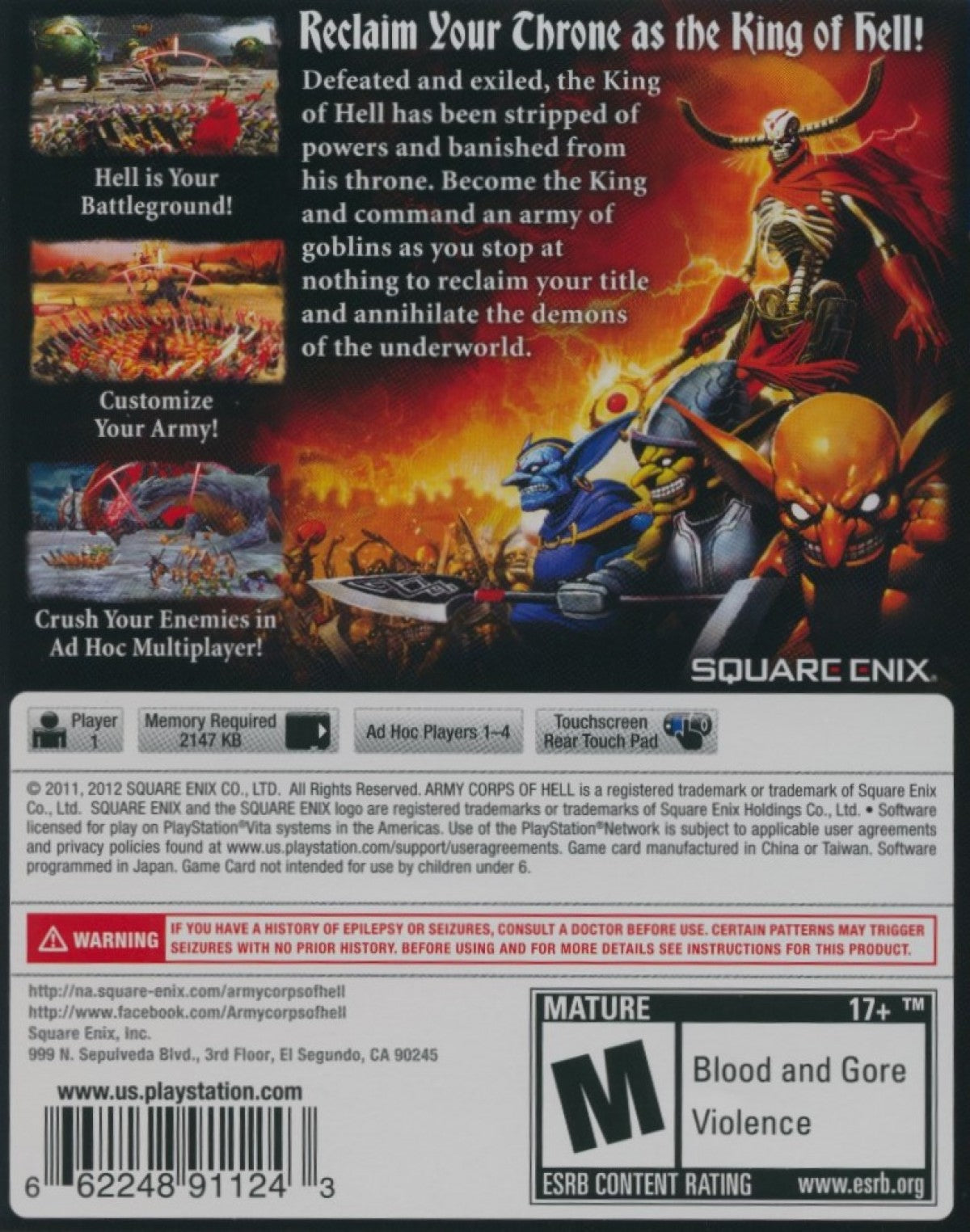Army Corps of Hell back cover art for PlayStation VITA (PS VITA) video game
