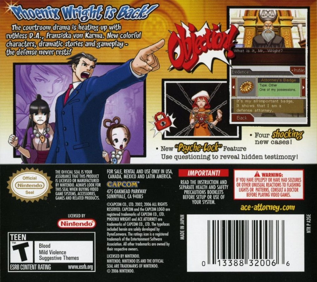 Phoenix Wright: Ace Attorney – Justice for All back of case for Nintendo DS (DS) courtroom visual novel adventure video game