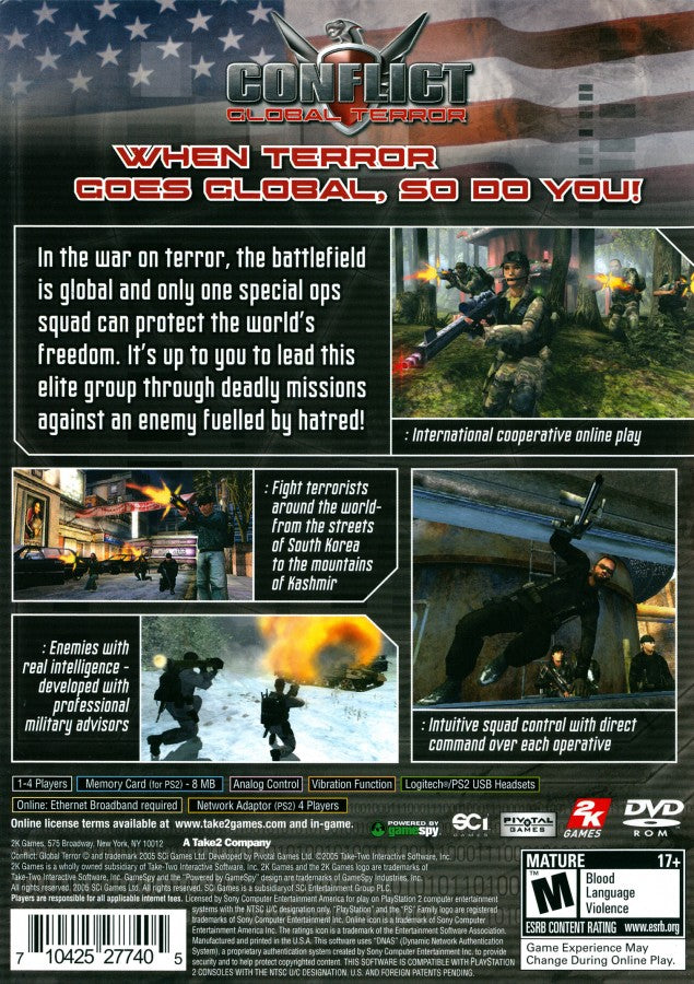 Conflict Global Terror PlayStation 2 PS2 for tactical shooter video game fans featuring squad based military combat strategic mission objectives realistic modern warfare weapon selection cooperative gameplay international counterterrorism operations intense battlefield action immersive campaign collectible gaming appeal back cover art