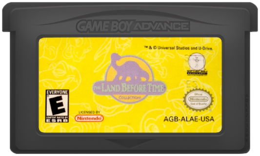 The Land Before Time Collection for Game Boy Advance, cartridge for a retro video game featuring side-scrolling platforming gameplay, character-based adventures, family-friendly challenges, and movie-inspired prehistoric action
