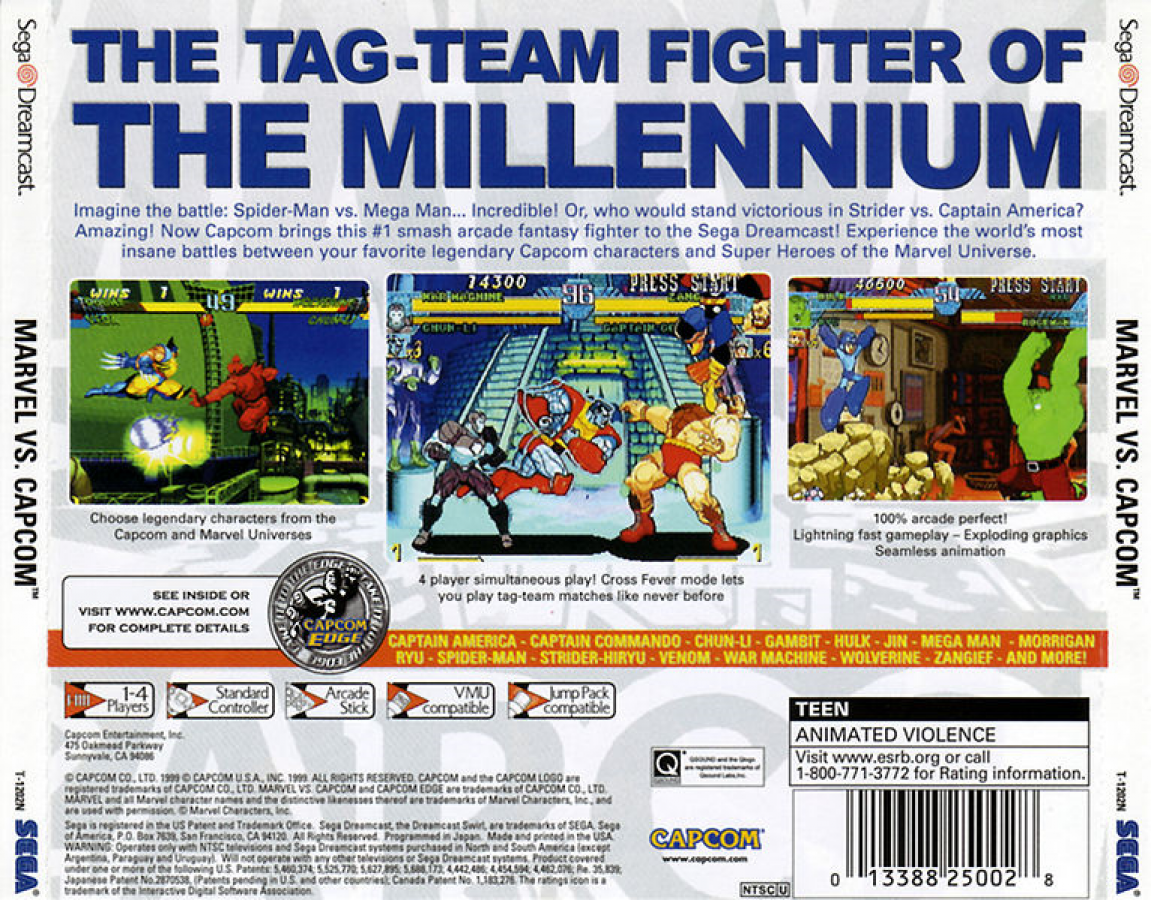 Marvel vs. Capcom Dreamcast featuring classic arcade-style fighting gameplay with Marvel and Capcom characters back cover art