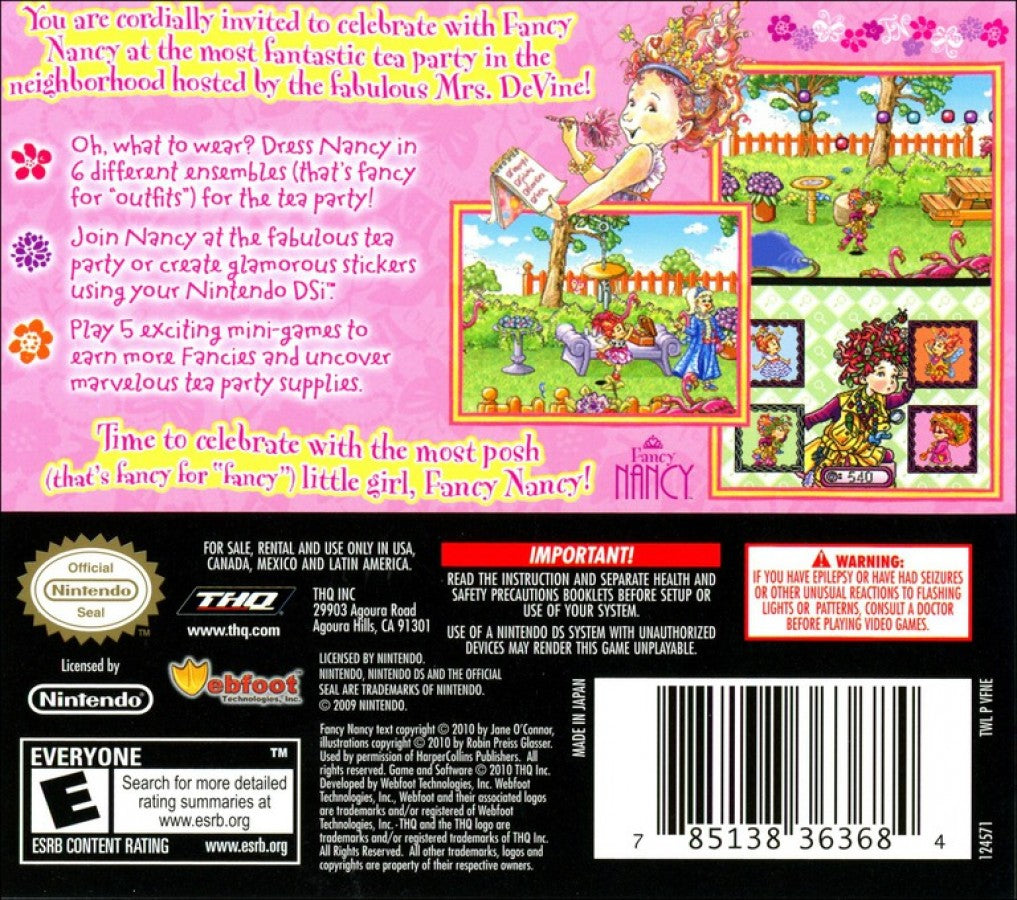 Fancy Nancy: Tea Party Time – Nintendo DS: Charming mini-games and creative activities based on the beloved Fancy Nancy series for young players back cover