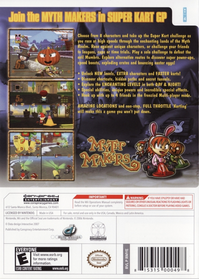 Myth Makers: Super Kart GP – Nintendo Wii (Wii) arcade kart racing multiplayer video game back of case