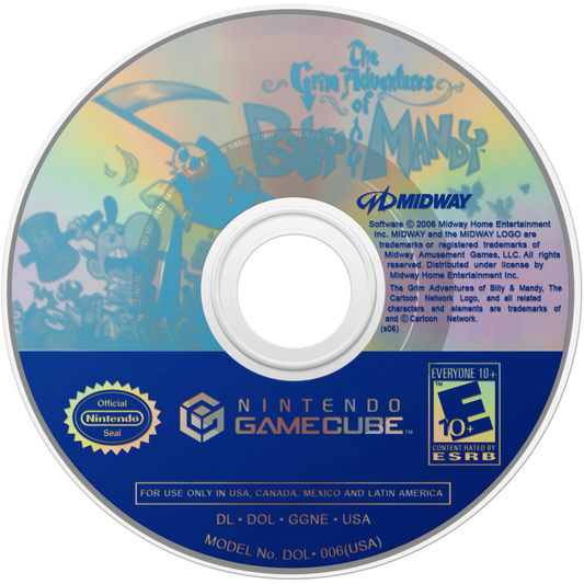 The Grim Adventures of Billy & Mandy disc art for GameCube (GC) game featuring cartoon-inspired action platformer gameplay based on the classic Cartoon Network series