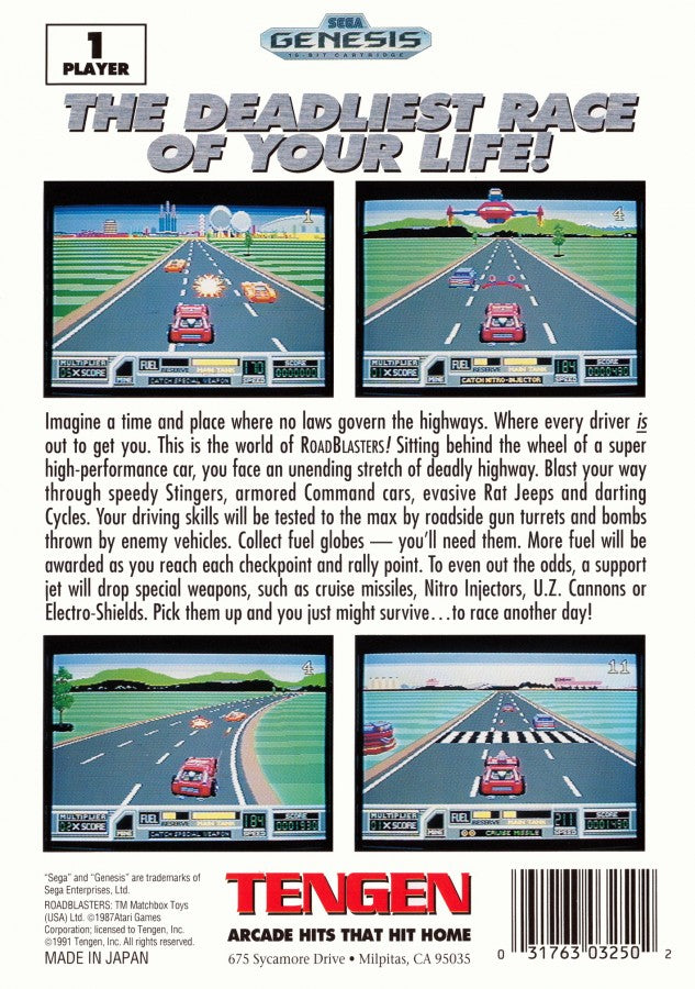 RoadBlasters back cover art for Sega Genesis (GEN) video game