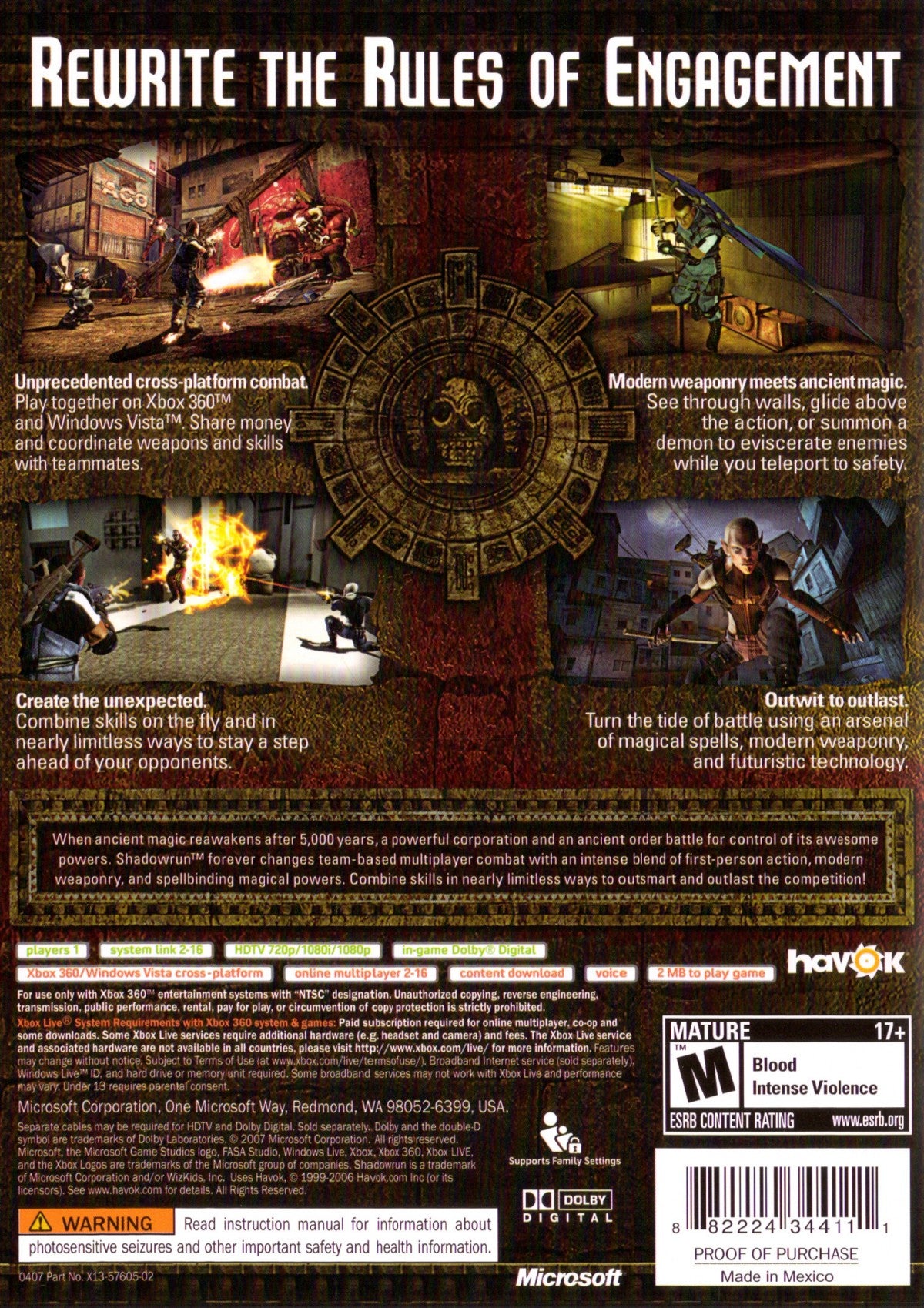 Shadowrun for Xbox 360 first person shooter video game featuring cyberpunk fantasy setting team based multiplayer magic and technology combat and unique cross platform gameplay experience back cover art