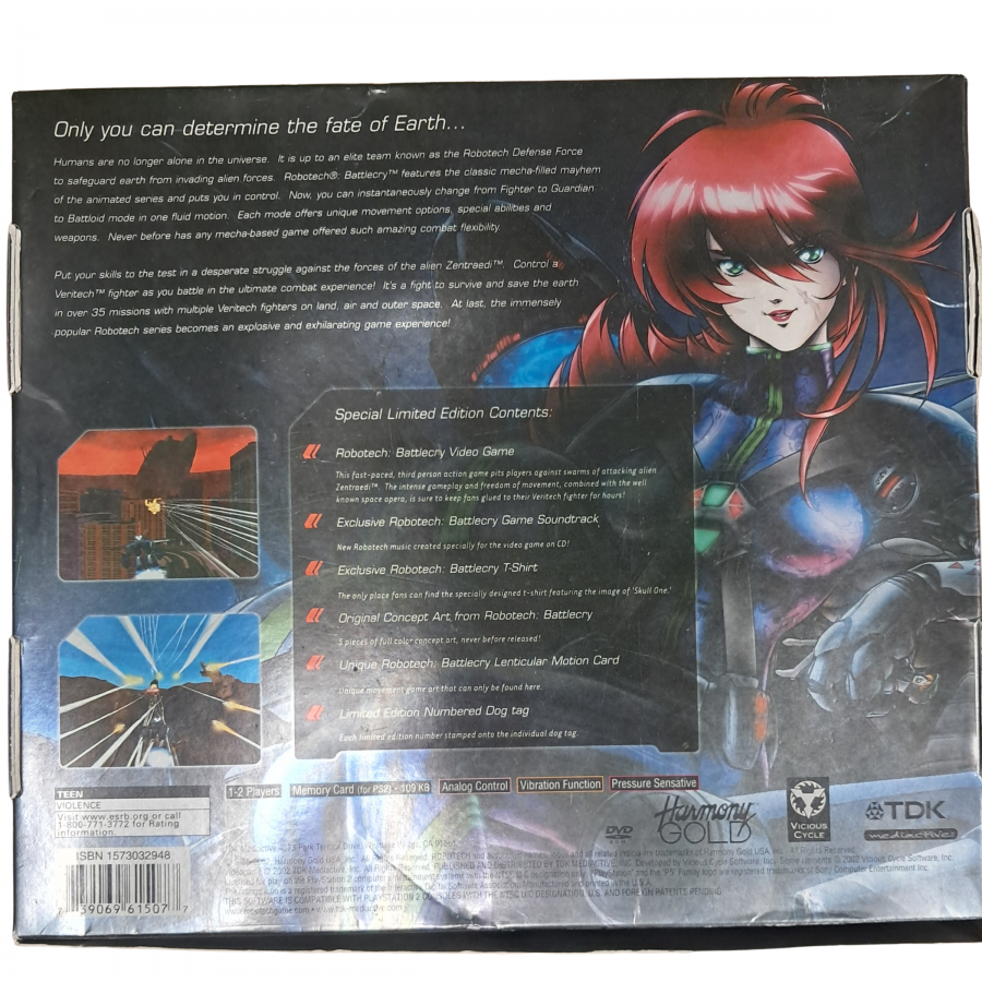 Robotech Battlecry Limited Edition Complete in Box PlayStation 2 PS2 for retro video game enthusiasts featuring sci fi action gameplay transforming mecha combat aerial dogfights story driven missions anime inspired warfare futuristic weapon systems complete in box collector presentation and collectible gaming appeal box back