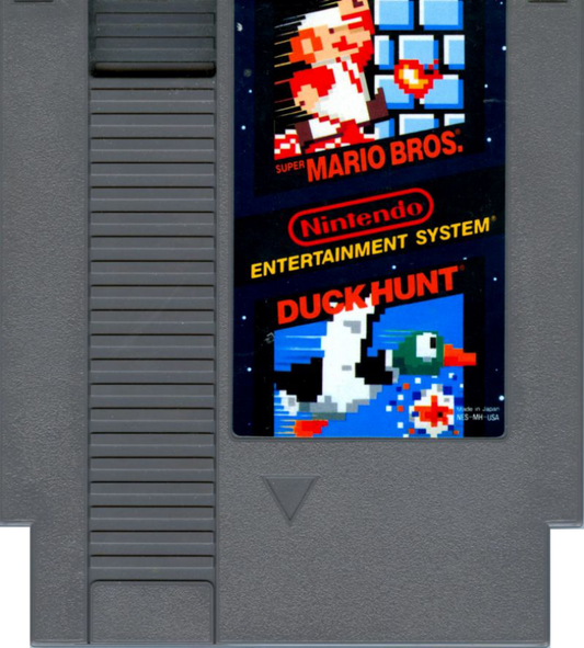 Super Mario Bros Duck Hunt game for the Nintendo Entertainment System featuring a combo cartridge with side scrolling platformer gameplay in Super Mario Bros and light gun shooting gameplay in Duck Hunt with classic arcade style mechanics and two player options cartridge