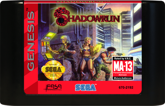 Shadowrun Sega Genesis GEN for retro video game enthusiasts featuring action role playing gameplay cyberpunk fantasy setting real time combat character progression futuristic exploration hacking missions and collectible gaming appeal cartridge