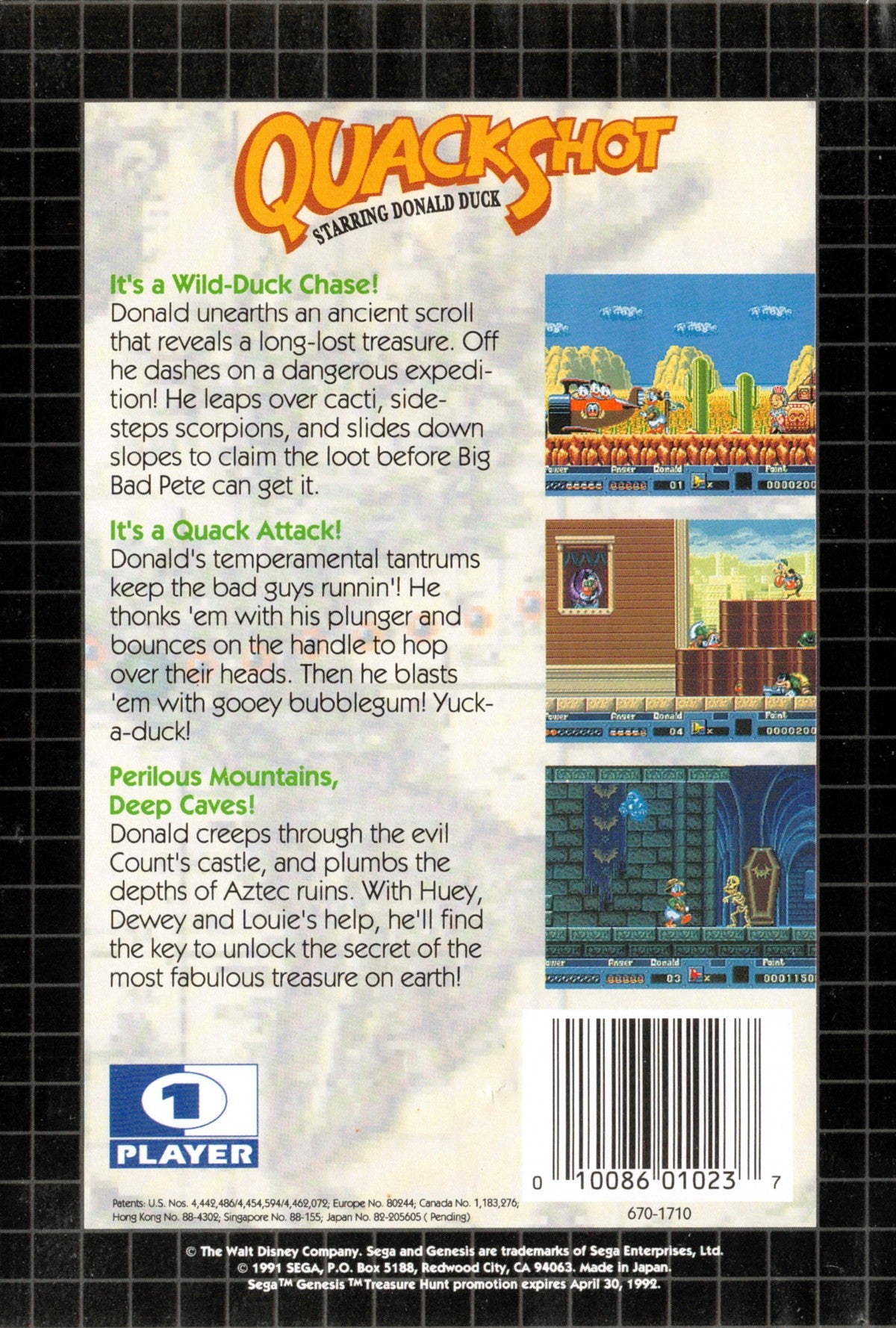 QuackShot Starring Donald Duck Sega Genesis GEN video game featuring action platforming gameplay Donald Duck treasure hunting adventure globe trotting exploration exotic locations puzzle solving plungers as weapons hidden treasures enemy encounters colorful Disney characters and classic 16 bit Sega gameplay retro video game collection collectible gaming appeal back cover art