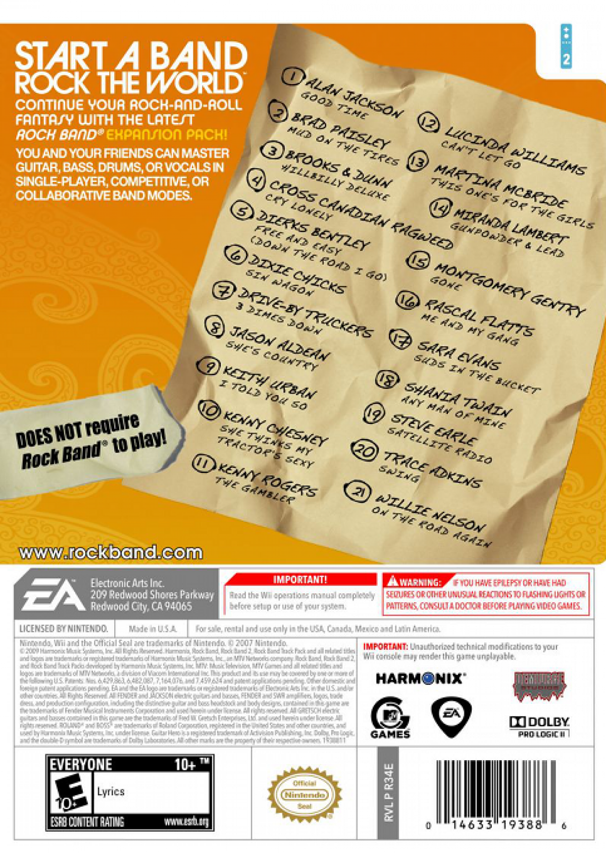 Rock Band Track Pack: Country – Nintendo Wii (Wii) rhythm music expansion pack video game back of case